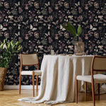 Botanical Wallpaper with Butterflies and Mushrooms in Black, Beige, and Mauve - E293