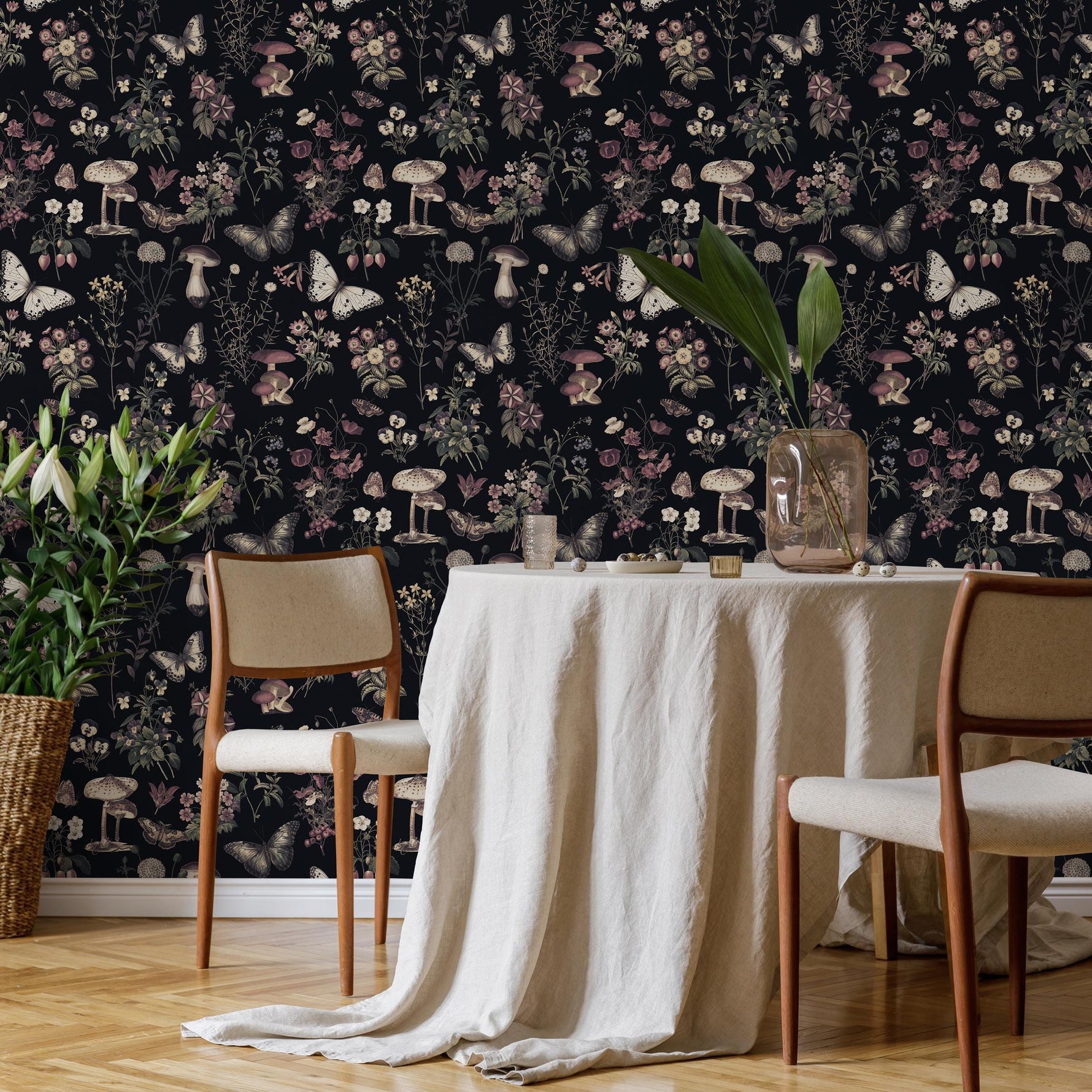 Botanical Wallpaper with Butterflies and Mushrooms in Black, Beige, and Mauve - E293