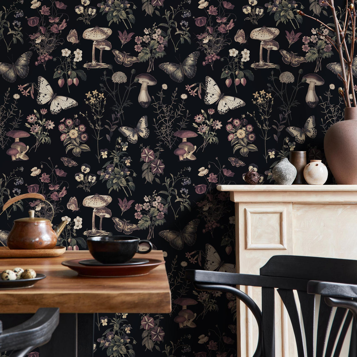 Botanical Wallpaper with Butterflies and Mushrooms in Black, Beige, and Mauve - E293