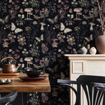 Botanical Wallpaper with Butterflies and Mushrooms in Black, Beige, and Mauve - E293