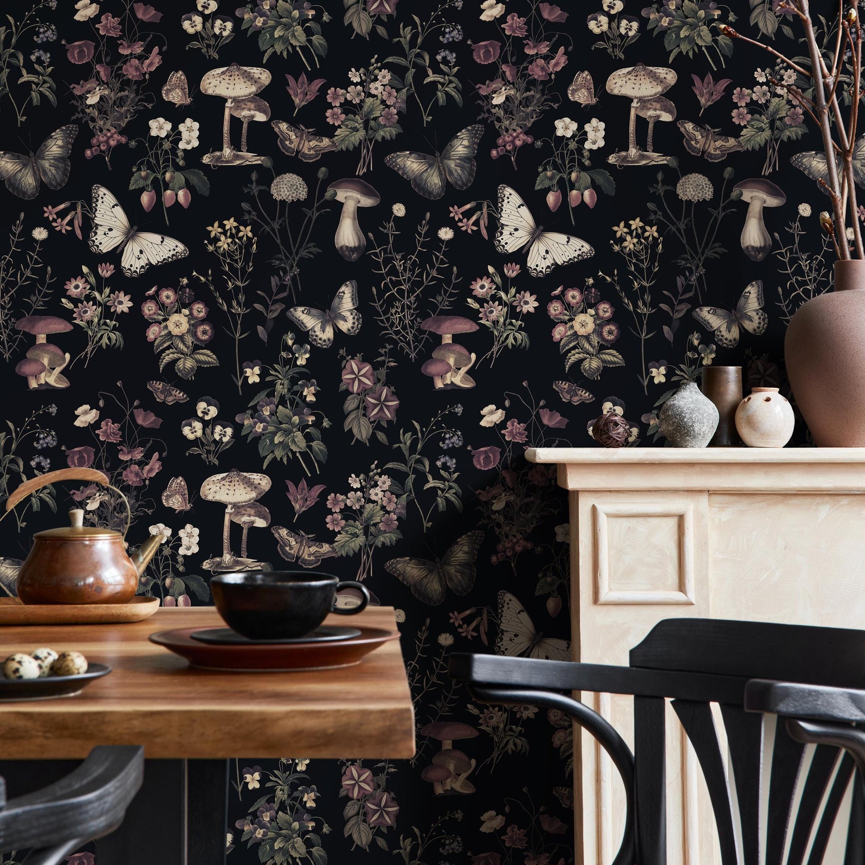 Botanical Wallpaper with Butterflies and Mushrooms in Black, Beige, and Mauve - E293