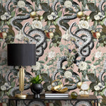 Botanical Wallpaper with Snakes and White Flowers in Pink, Green, and Black - E296