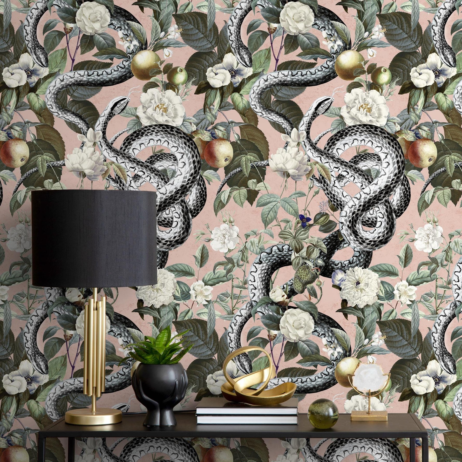 Botanical Wallpaper with Snakes and White Flowers in Pink, Green, and Black - E296