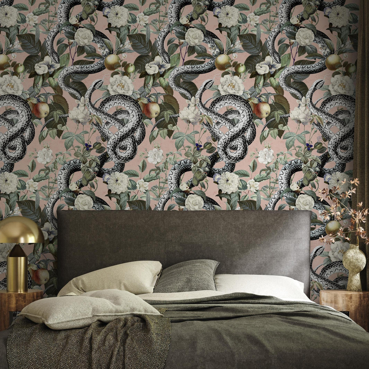 Botanical Wallpaper with Snakes and White Flowers in Pink, Green, and Black - E296