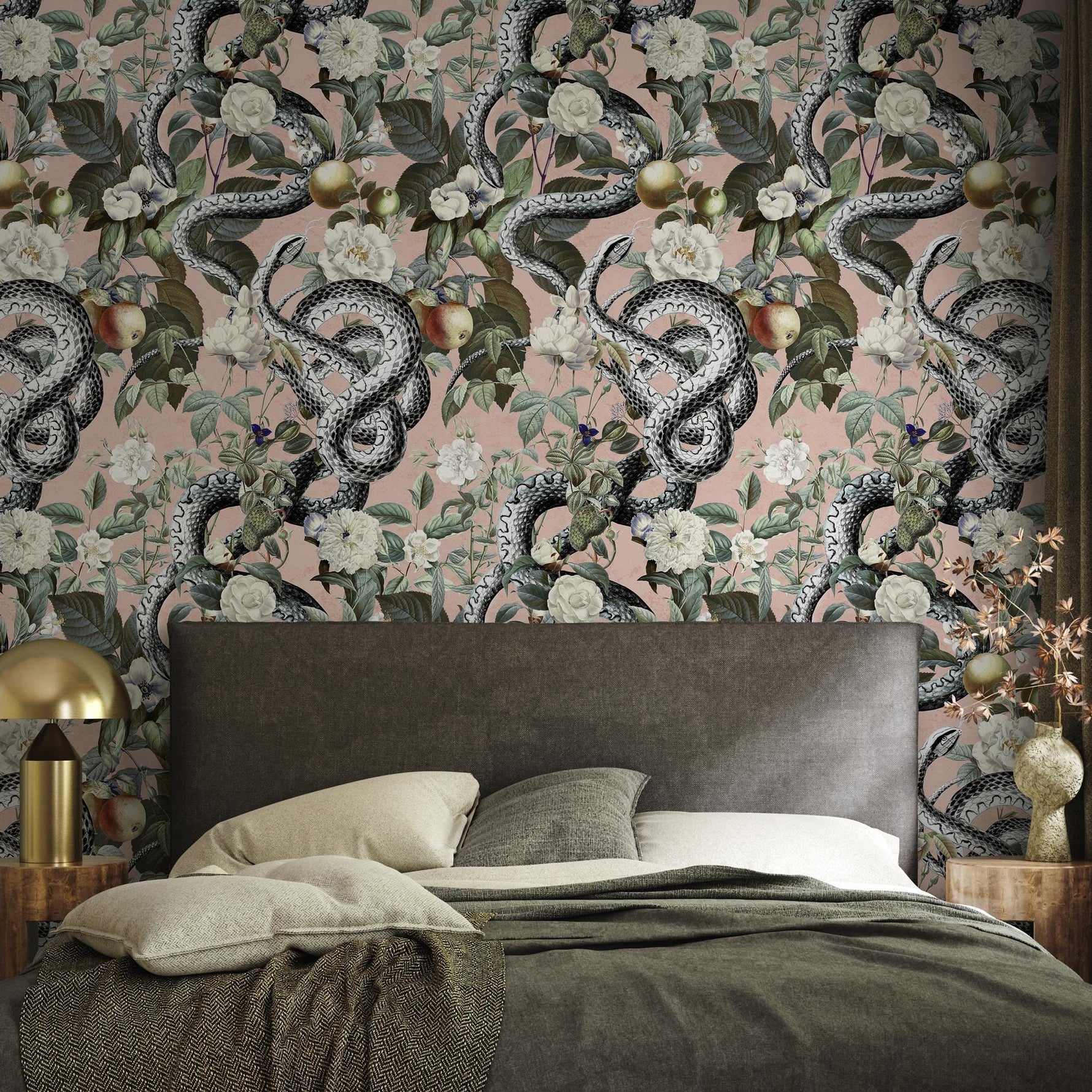 Botanical Wallpaper with Snakes and White Flowers in Pink, Green, and Black - E296