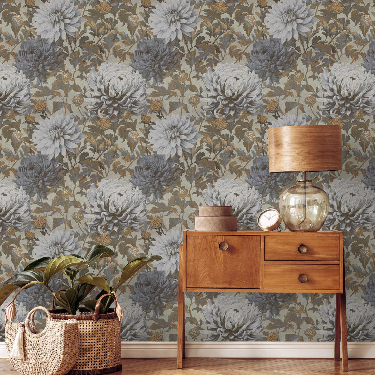 Floral Wallpaper with Vintage Chrysanthemum Blooms in Blue, Gray, and Brown - E299