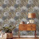 Floral Wallpaper with Vintage Chrysanthemum Blooms in Blue, Gray, and Brown - E299