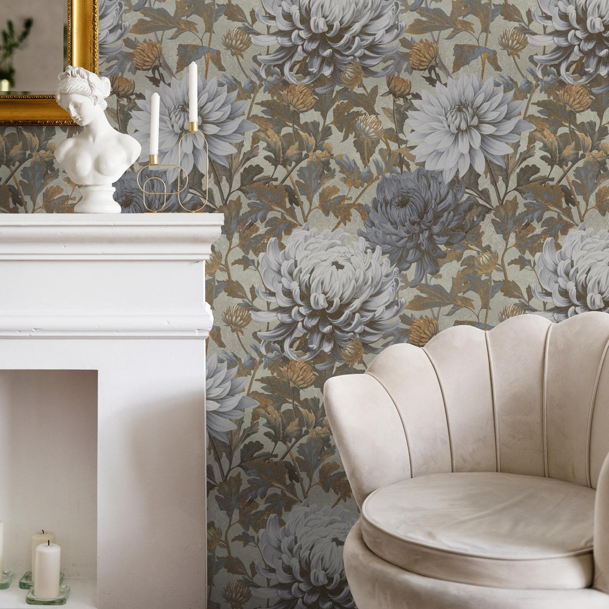 Floral Wallpaper with Vintage Chrysanthemum Blooms in Blue, Gray, and Brown - E299
