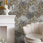 Floral Wallpaper with Vintage Chrysanthemum Blooms in Blue, Gray, and Brown - E299