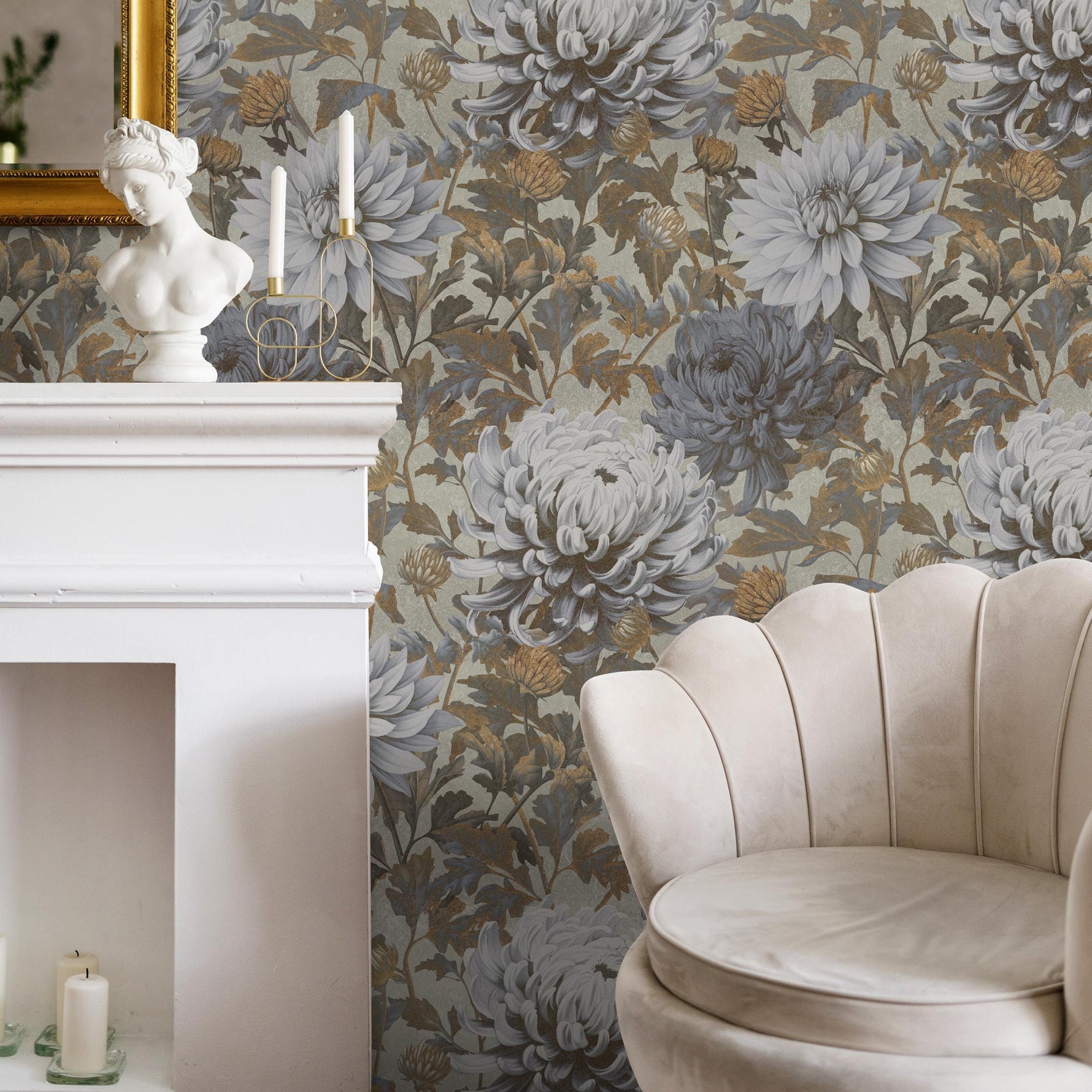Floral Wallpaper with Vintage Chrysanthemum Blooms in Blue, Gray, and Brown - E299