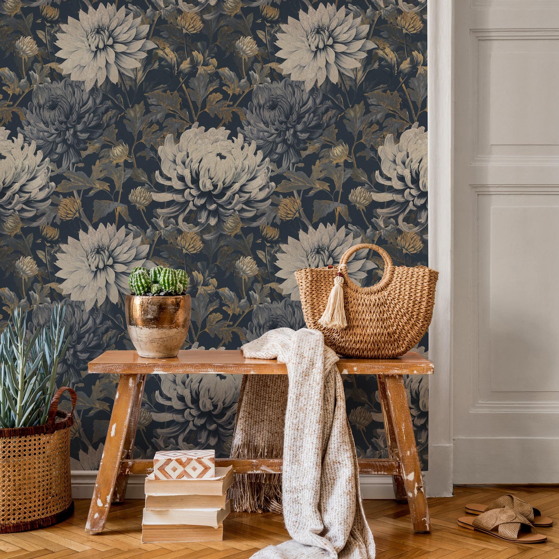Floral Wallpaper with Moody Blooms in Dark Blue and Gold - E300