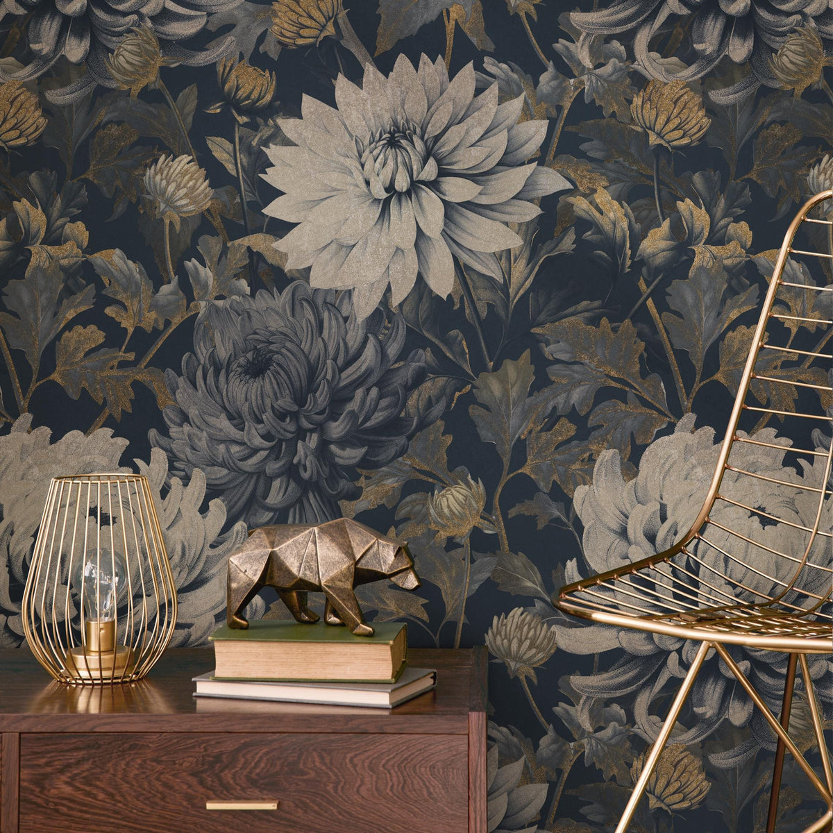 Floral Wallpaper with Moody Blooms in Dark Blue and Gold - E300