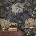 Floral Wallpaper with Moody Blooms in Dark Blue and Gold - E300