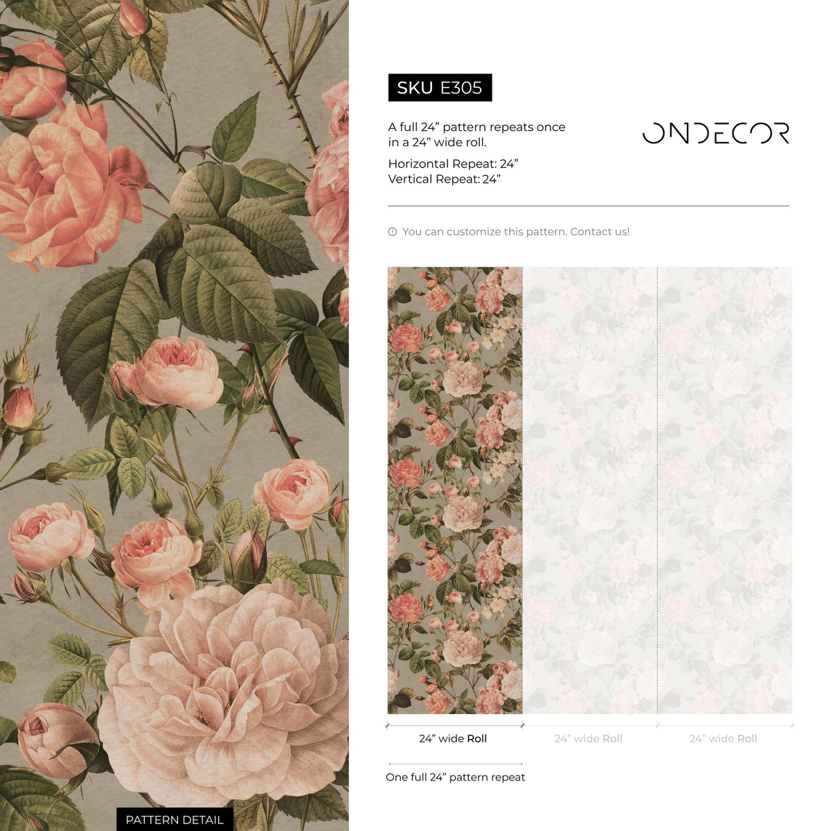 Floral Wallpaper with Vintage Roses and Peonies in Pink, Green, and Gray - E305