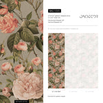 Floral Wallpaper with Vintage Roses and Peonies in Pink, Green, and Gray - E305