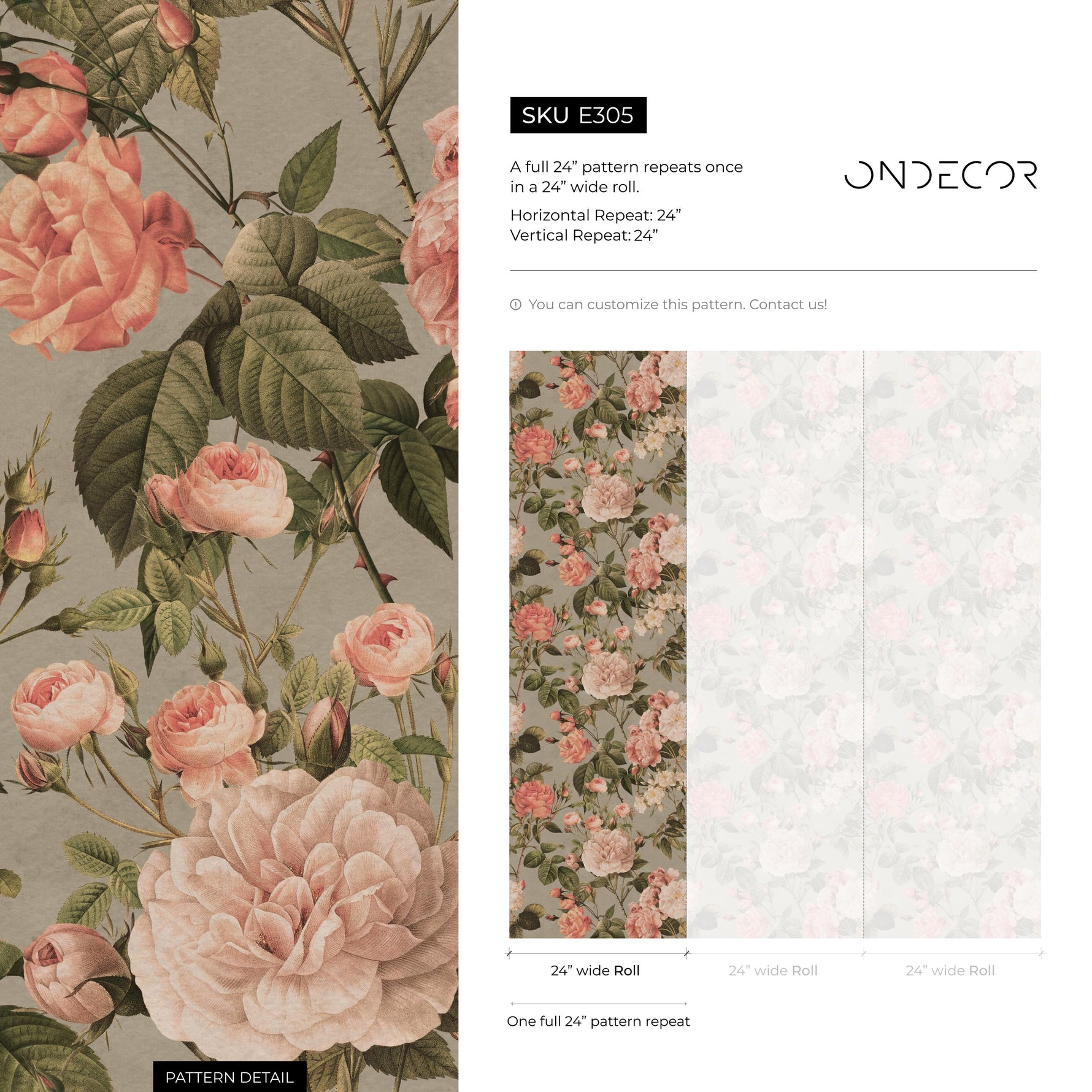 Floral Wallpaper with Vintage Roses and Peonies in Pink, Green, and Gray - E305