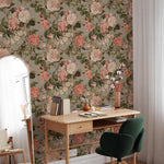 Floral Wallpaper with Vintage Roses and Peonies in Pink, Green, and Gray - E305