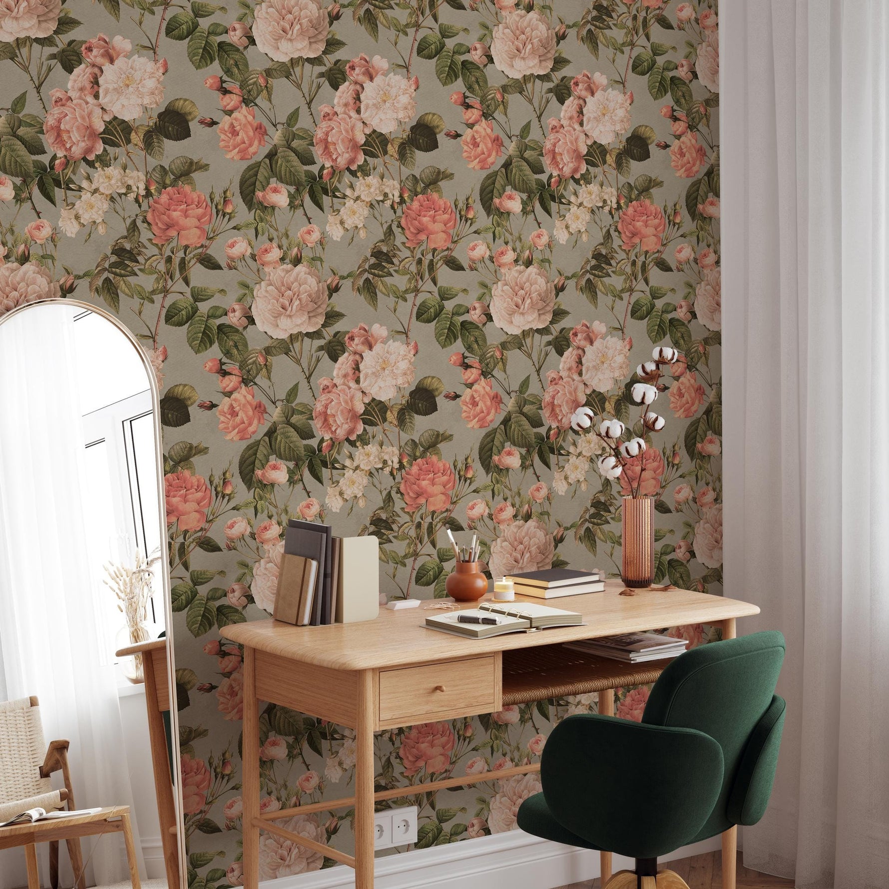 Floral Wallpaper with Vintage Roses and Peonies in Pink, Green, and Gray - E305