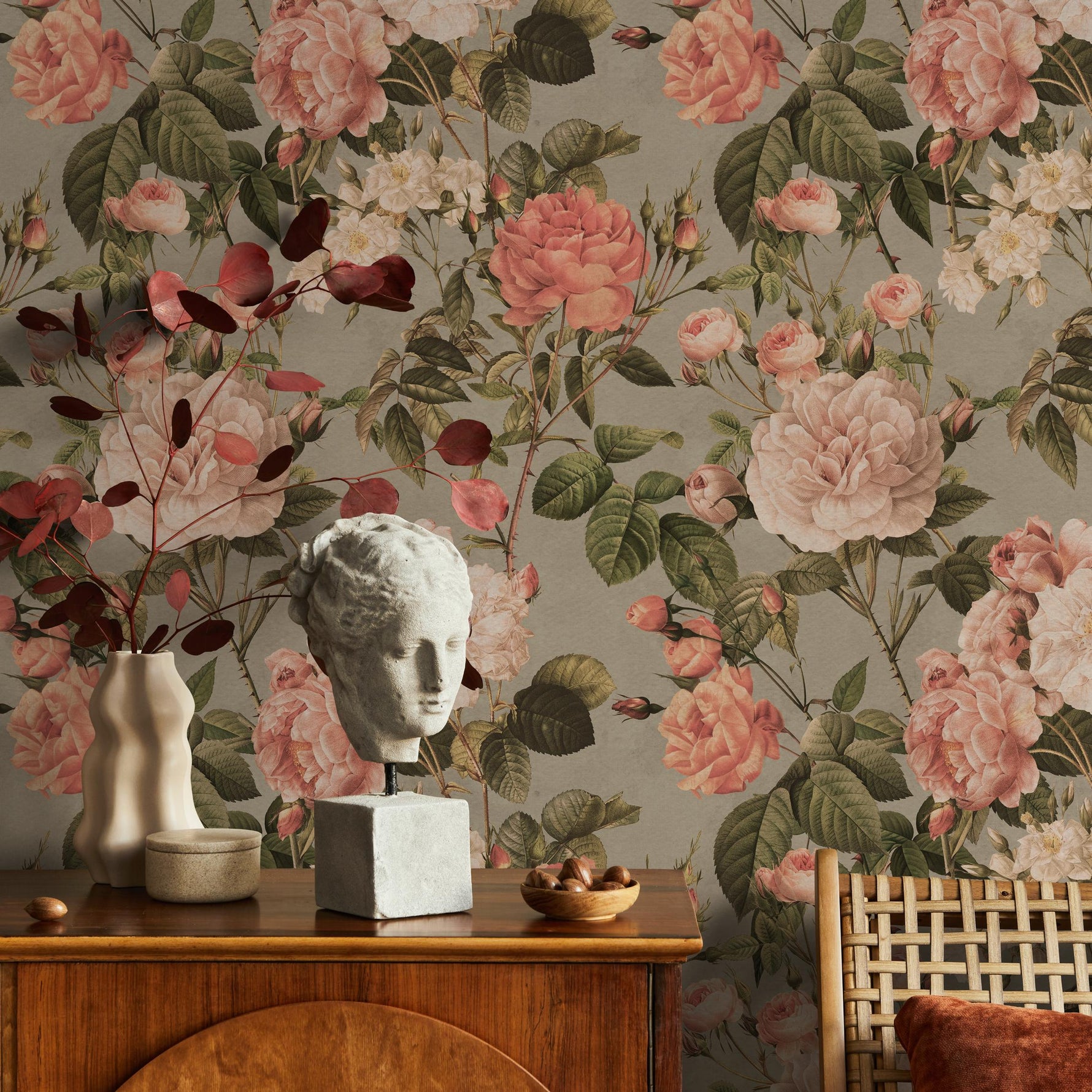 Floral Wallpaper with Vintage Roses and Peonies in Pink, Green, and Gray - E305