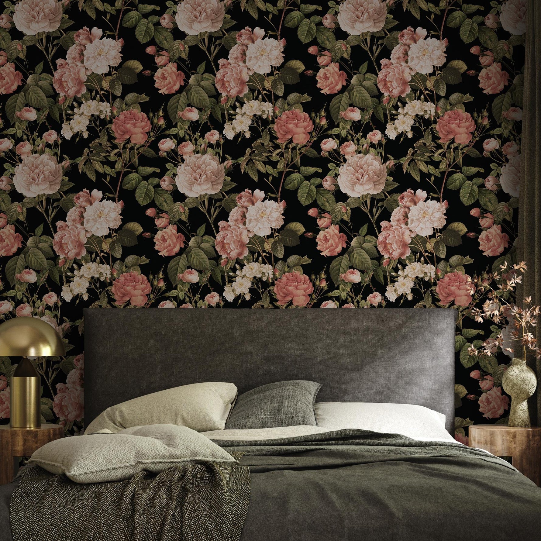 Floral Wallpaper with Vintage Roses in Pink, Green, and Black - E306