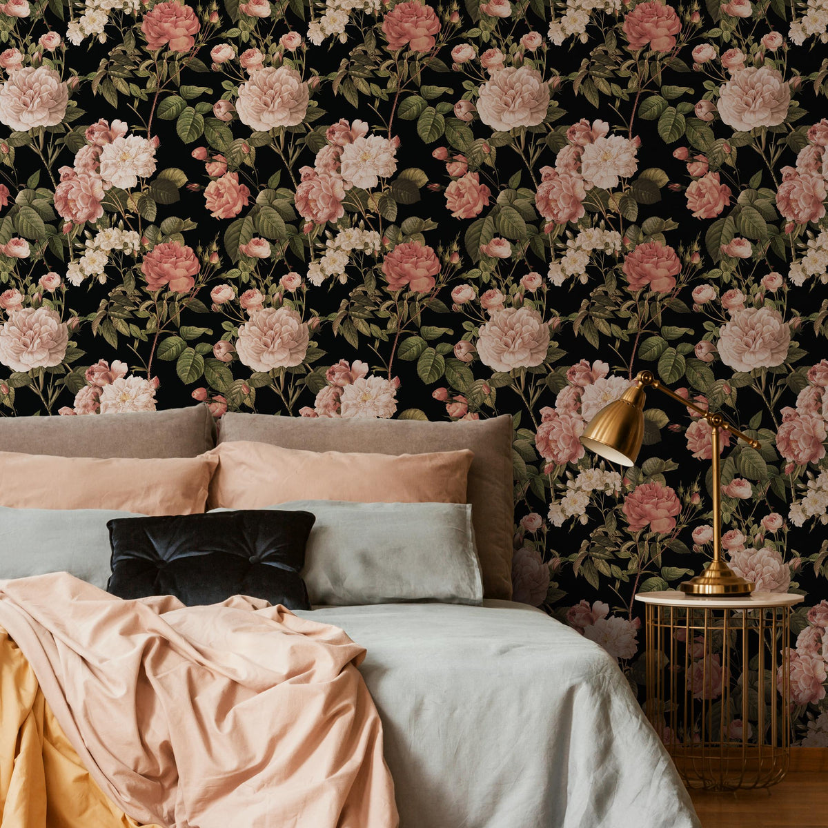 Floral Wallpaper with Vintage Roses in Pink, Green, and Black - E306