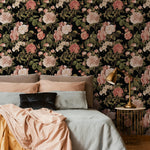 Floral Wallpaper with Vintage Roses in Pink, Green, and Black - E306