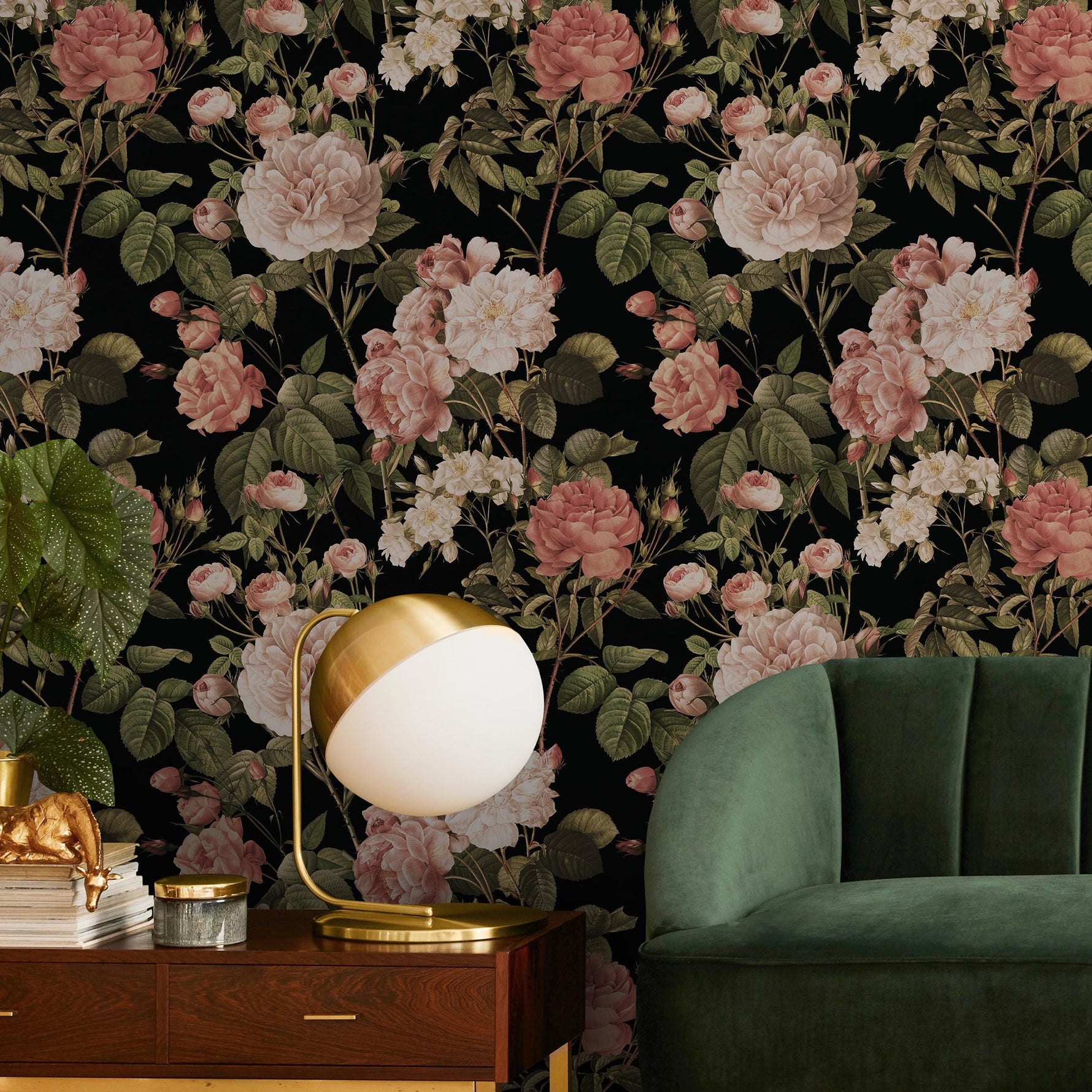 Floral Wallpaper with Vintage Roses in Pink, Green, and Black - E306
