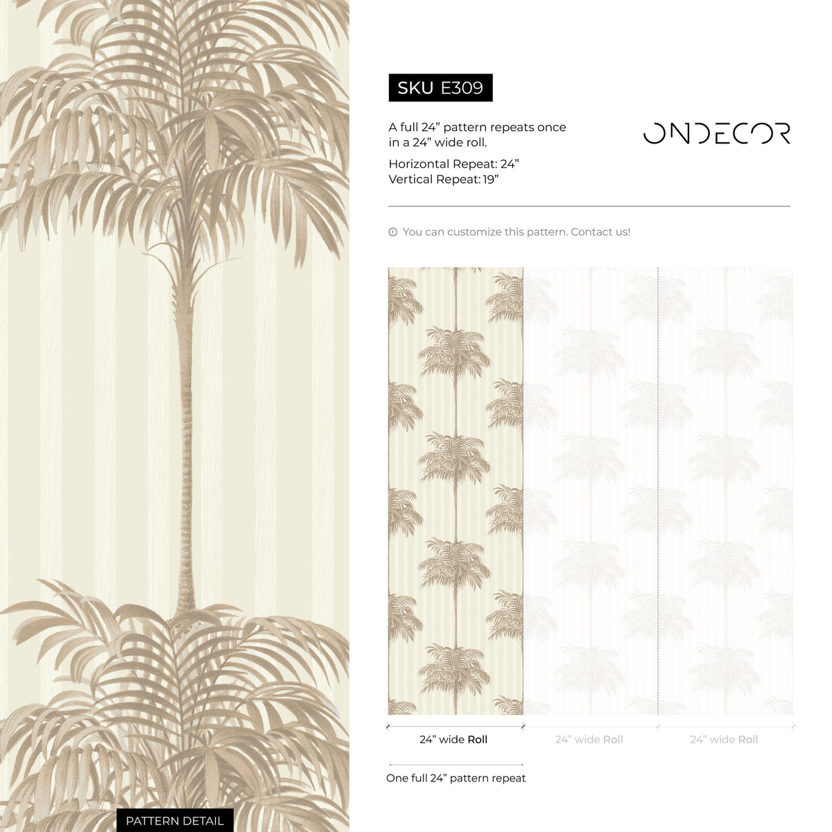 Botanical Wallpaper featuring a Striped Palm Tree Motif in Beige and Tan - E309