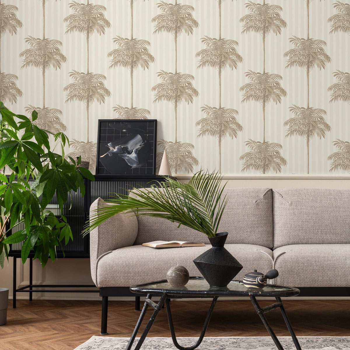Botanical Wallpaper featuring a Striped Palm Tree Motif in Beige and Tan - E309