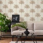 Botanical Wallpaper featuring a Striped Palm Tree Motif in Beige and Tan - E309