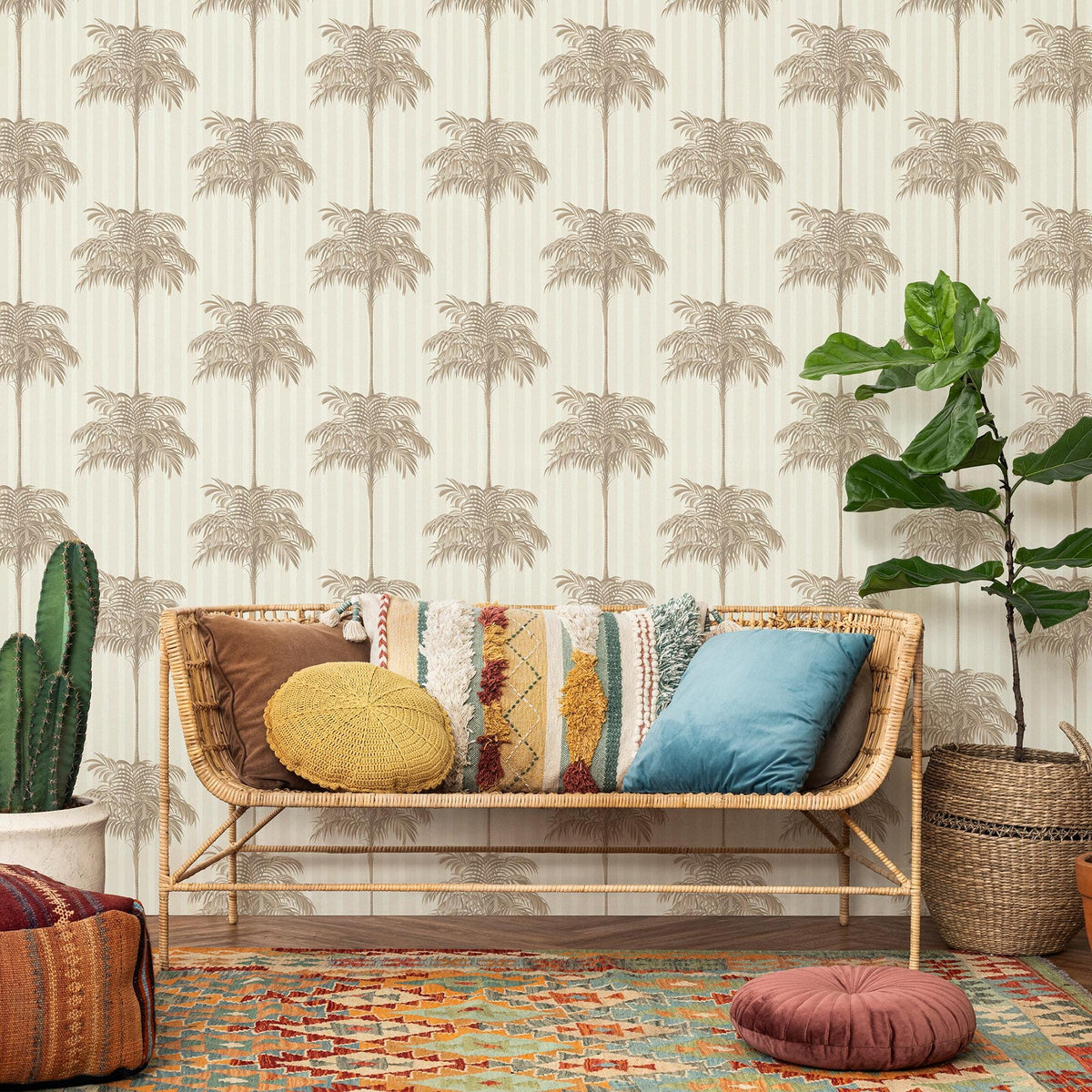 Botanical Wallpaper featuring a Striped Palm Tree Motif in Beige and Tan - E309