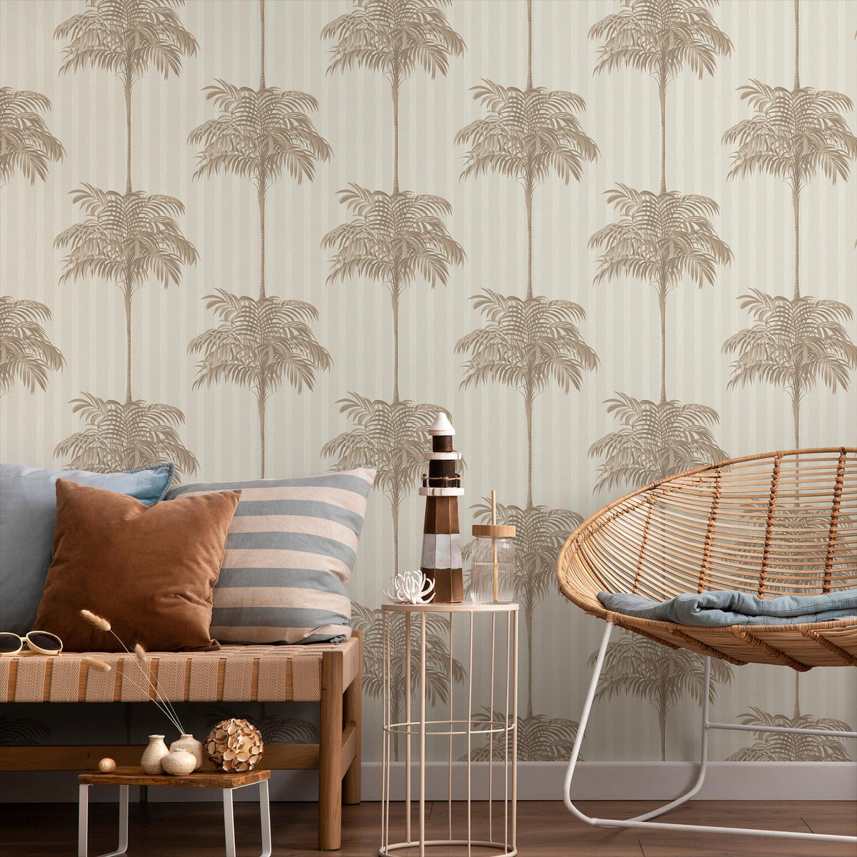 Botanical Wallpaper featuring a Striped Palm Tree Motif in Beige and Tan - E309
