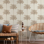Botanical Wallpaper featuring a Striped Palm Tree Motif in Beige and Tan - E309