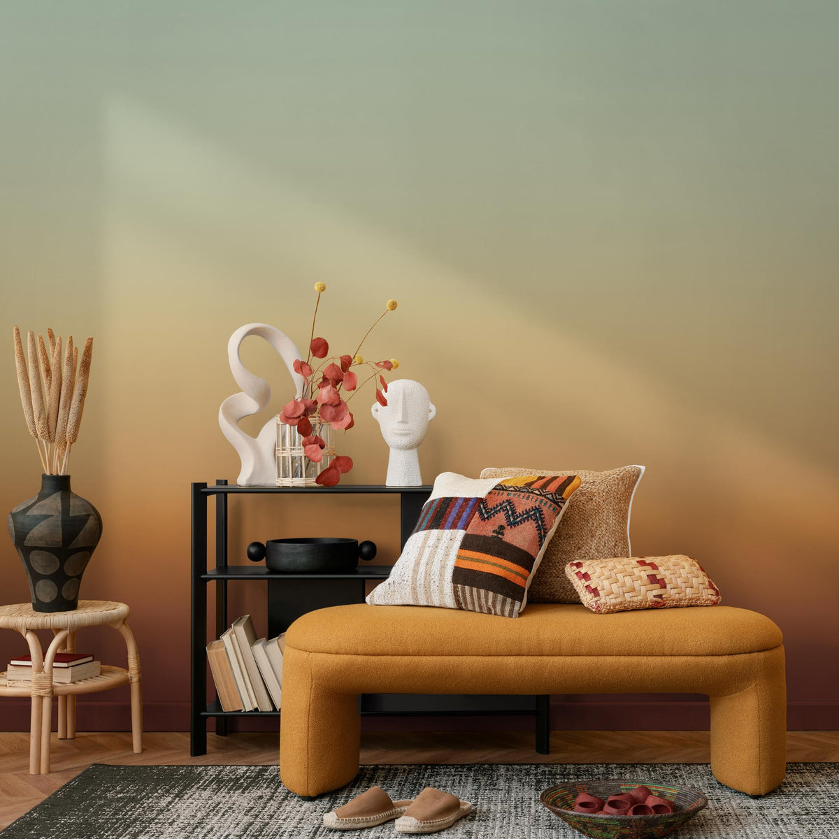 Ombre Wallpaper with a Desert Sunset Gradient in Green and Orange - E271