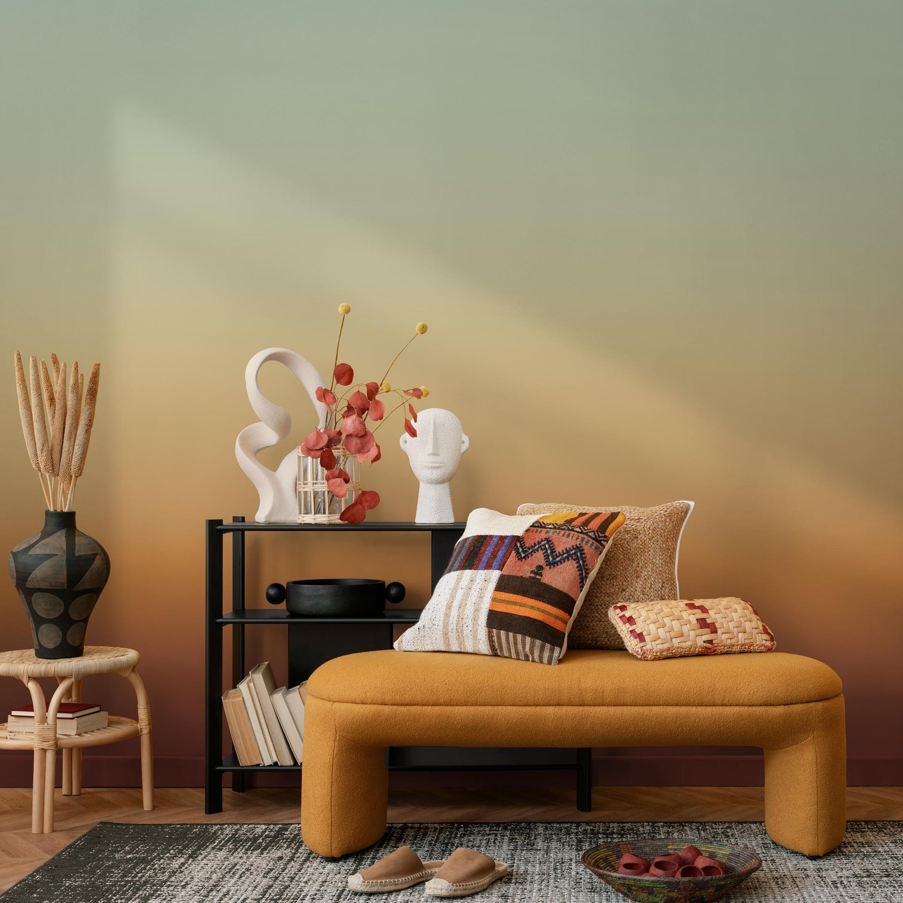 Ombre Wallpaper with a Desert Sunset Gradient in Green and Orange - E271