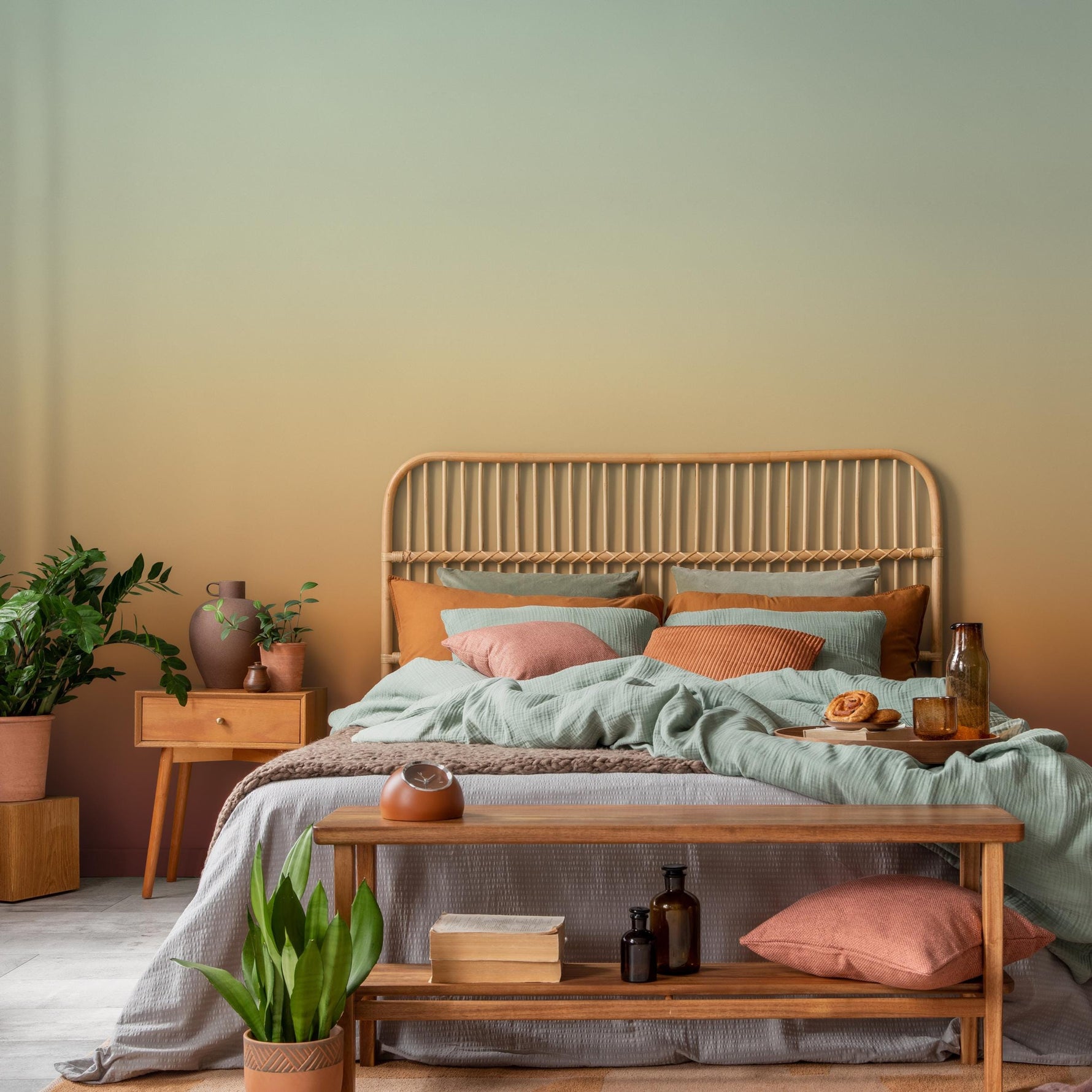 Ombre Wallpaper with a Desert Sunset Gradient in Green and Orange - E271