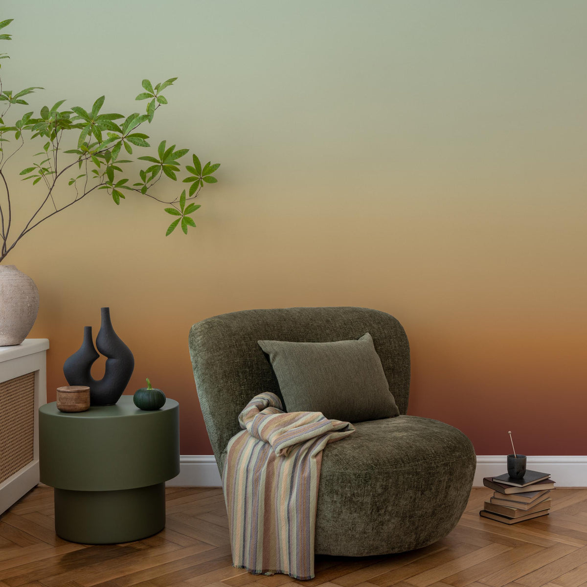 Ombre Wallpaper with a Desert Sunset Gradient in Green and Orange - E271