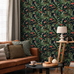 Tropical Wallpaper with Fish and Leaves in Green, Red, and Blue - E310