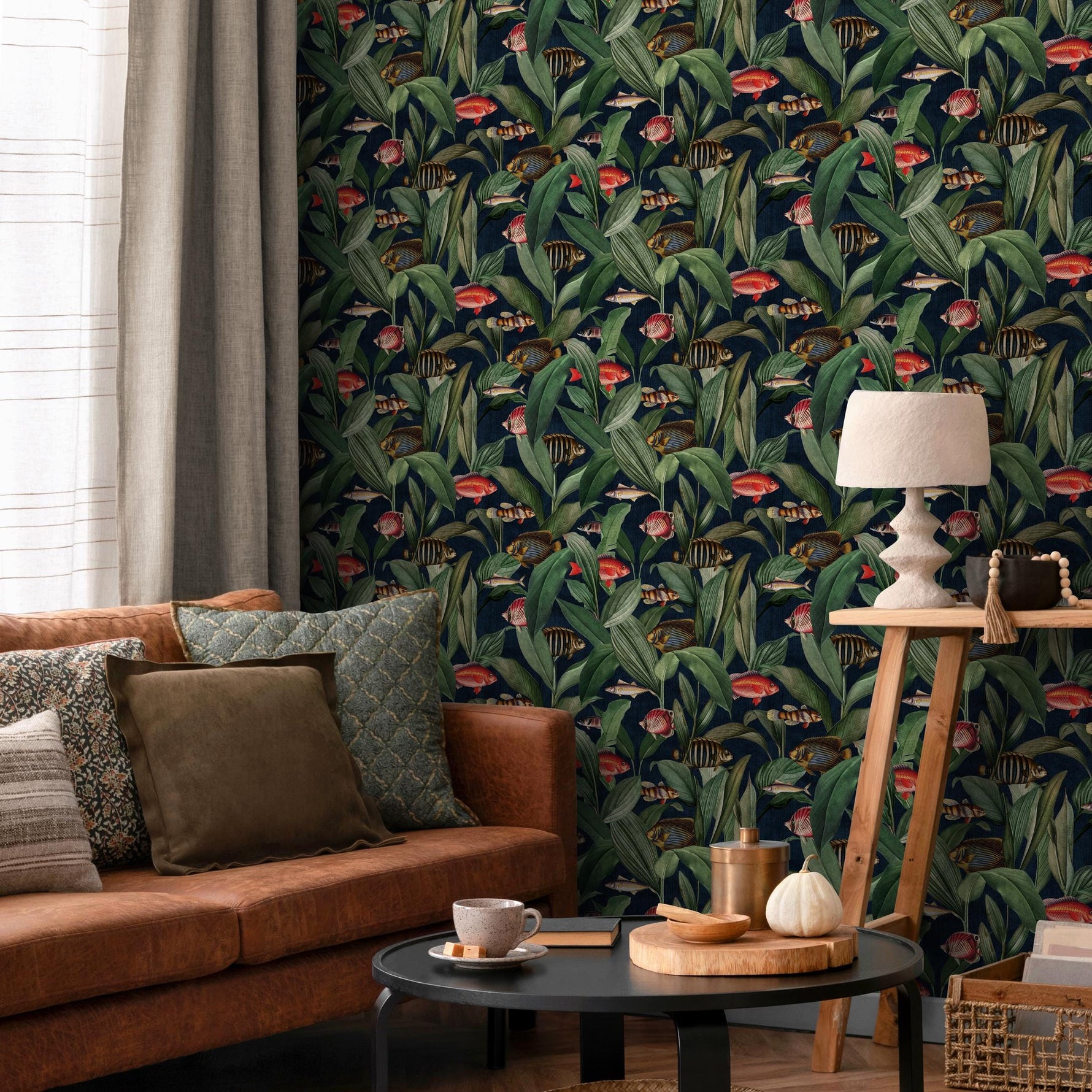 Tropical Wallpaper with Fish and Leaves in Green, Red, and Blue - E310