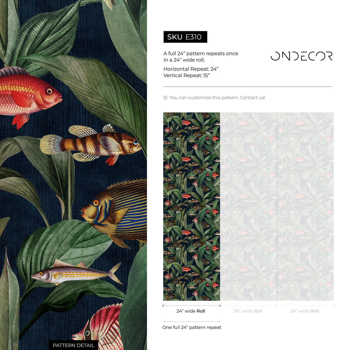 Tropical Wallpaper with Fish and Leaves in Green, Red, and Blue - E310