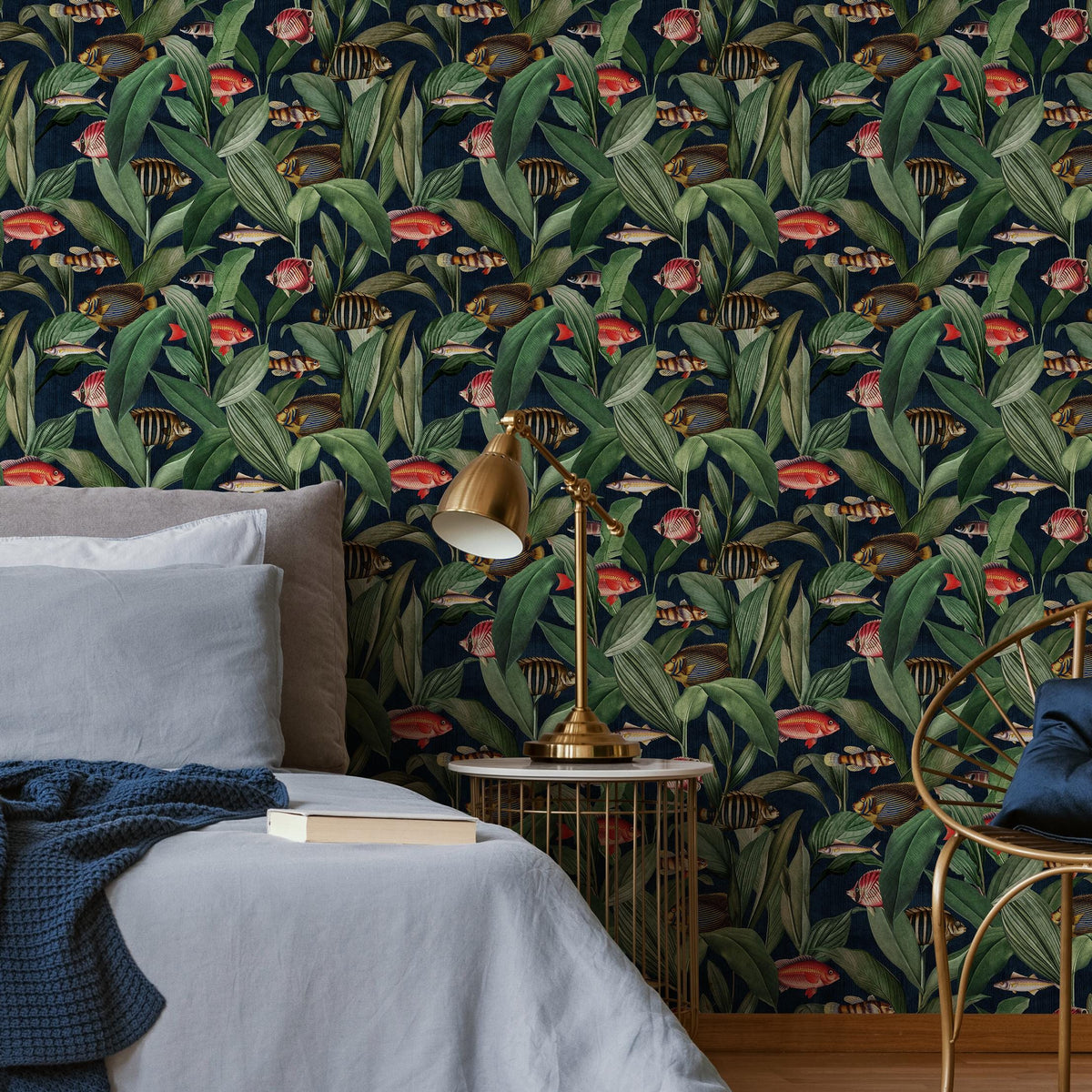 Tropical Wallpaper with Fish and Leaves in Green, Red, and Blue - E310