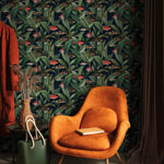 Tropical Wallpaper with Fish and Leaves in Green, Red, and Blue - E310