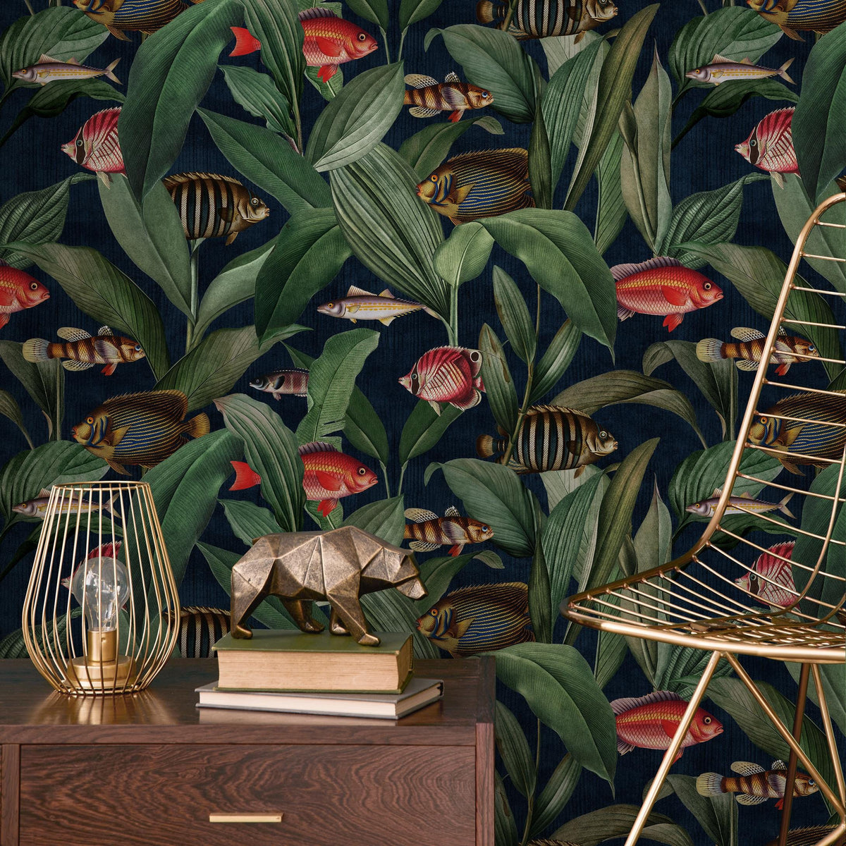 Tropical Wallpaper with Fish and Leaves in Green, Red, and Blue - E310