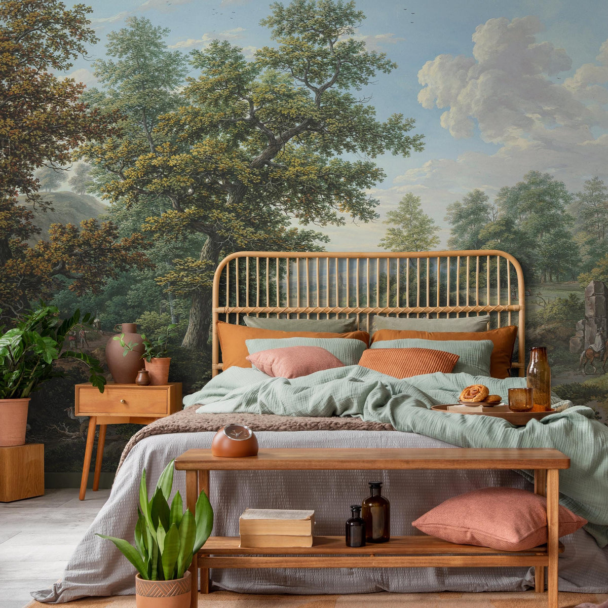 Scenic Wallpaper of a Vintage Countryside Landscape in Green, Blue, and Brown - E319