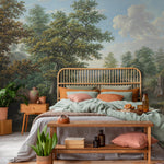 Scenic Wallpaper of a Vintage Countryside Landscape in Green, Blue, and Brown - E319