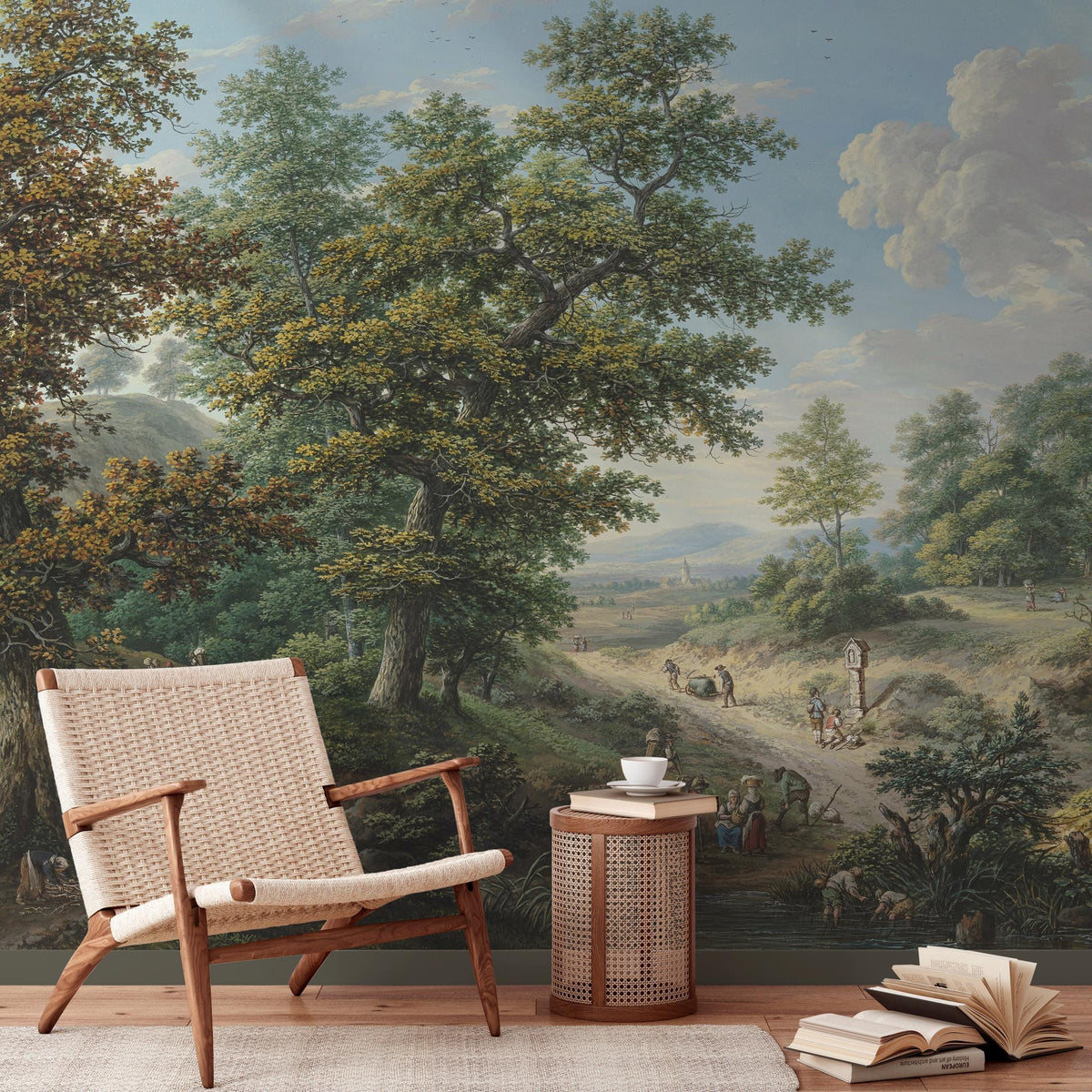 Scenic Wallpaper of a Vintage Countryside Landscape in Green, Blue, and Brown - E319