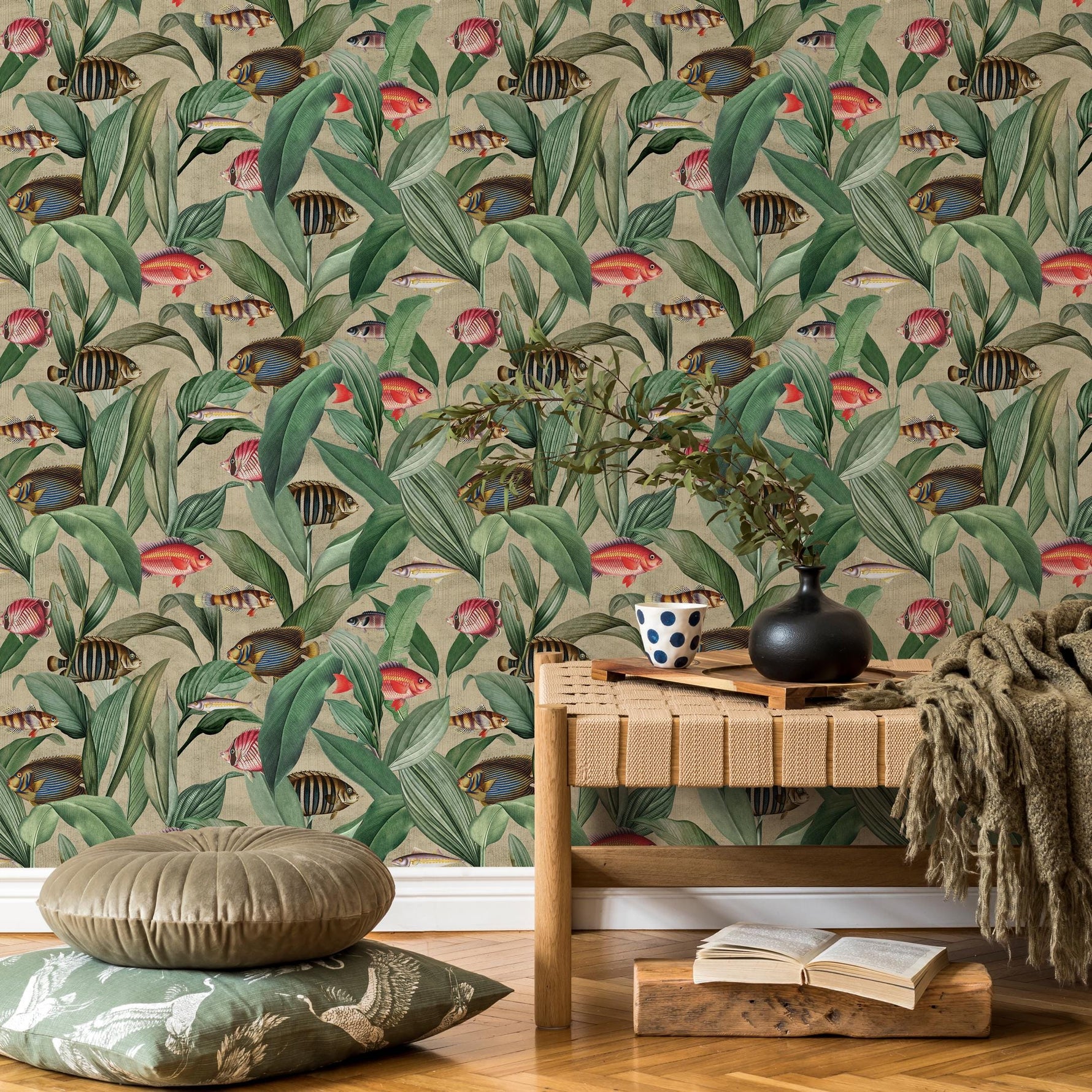 Tropical Fish Wallpaper with Botanical Leaves in Green and Red - E311