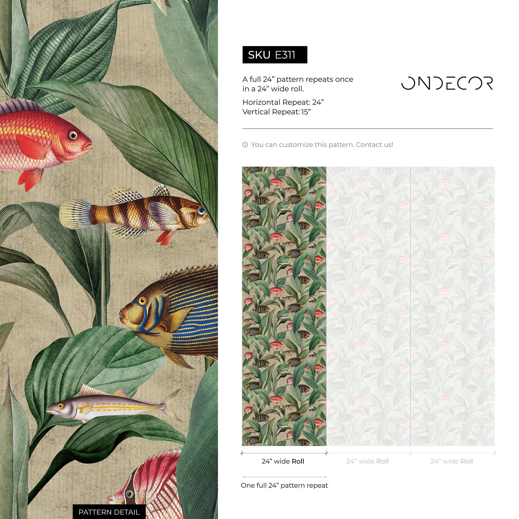 Tropical Fish Wallpaper with Botanical Leaves in Green and Red - E311