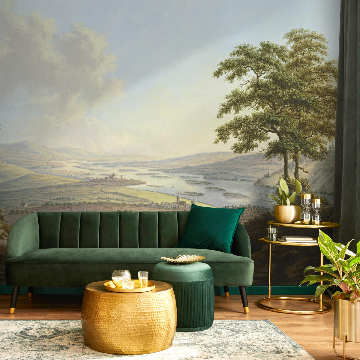 Landscape Wallpaper Depicting a Vintage Painting in Green and Brown - E318