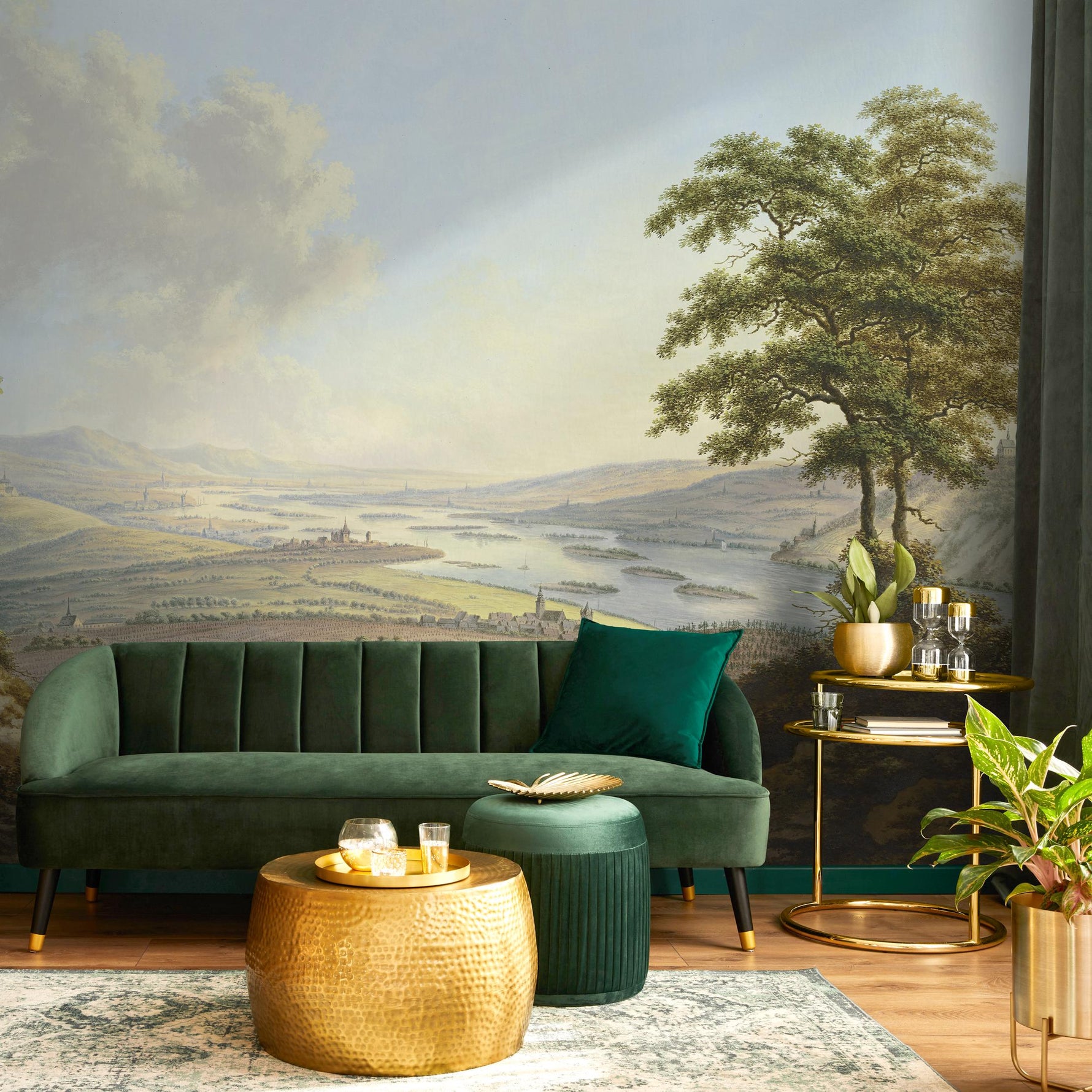 Landscape Wallpaper Depicting a Vintage Painting in Green and Brown - E318